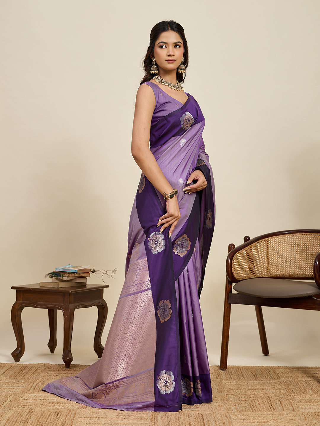 Vedant Vastram Soft Litchi Silk Banarasi Silk Jacquard Saree - Lavender