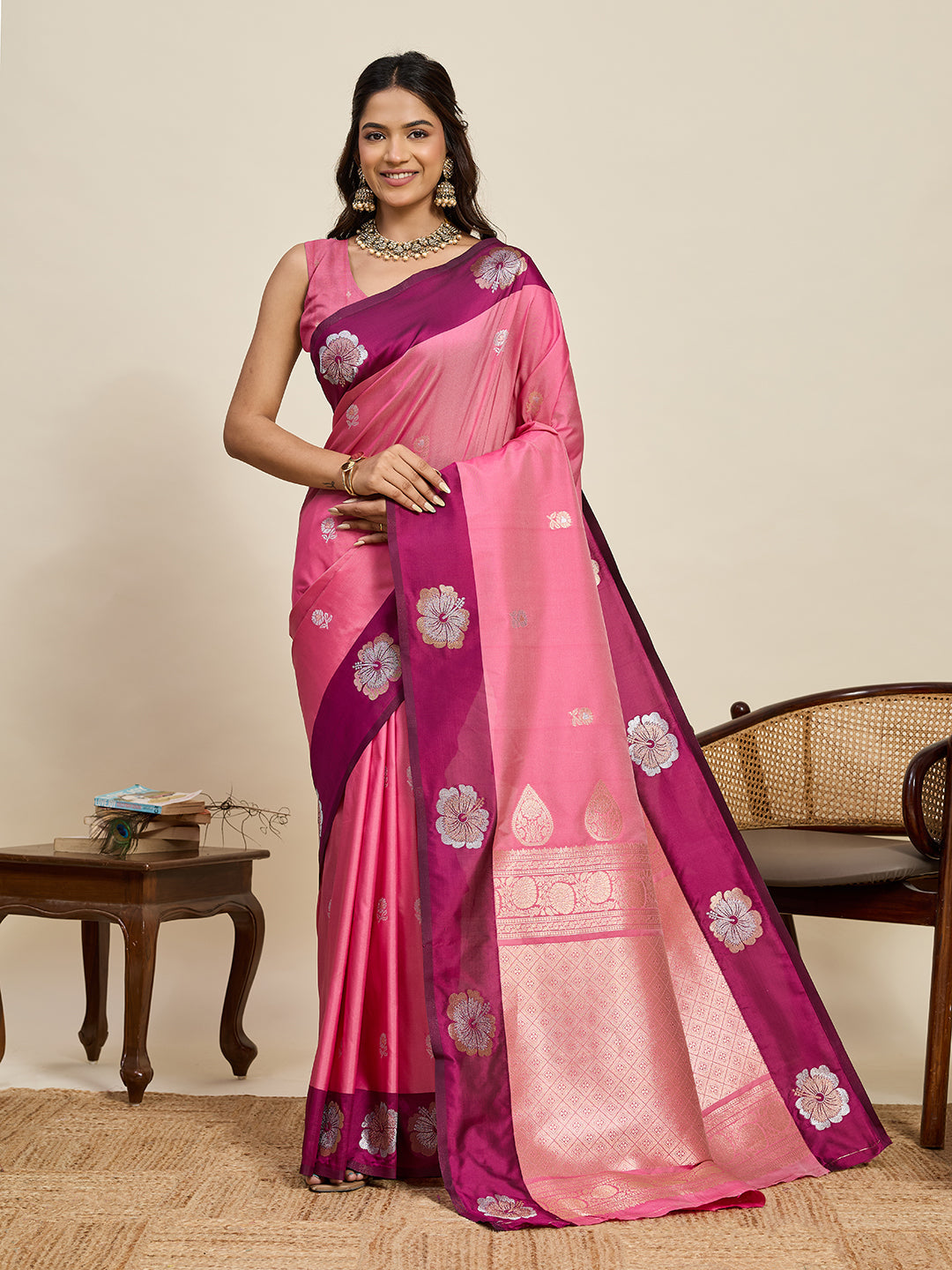 Vedant Vastram Soft Litchi Silk Banarasi Silk Jacquard Saree - Pink