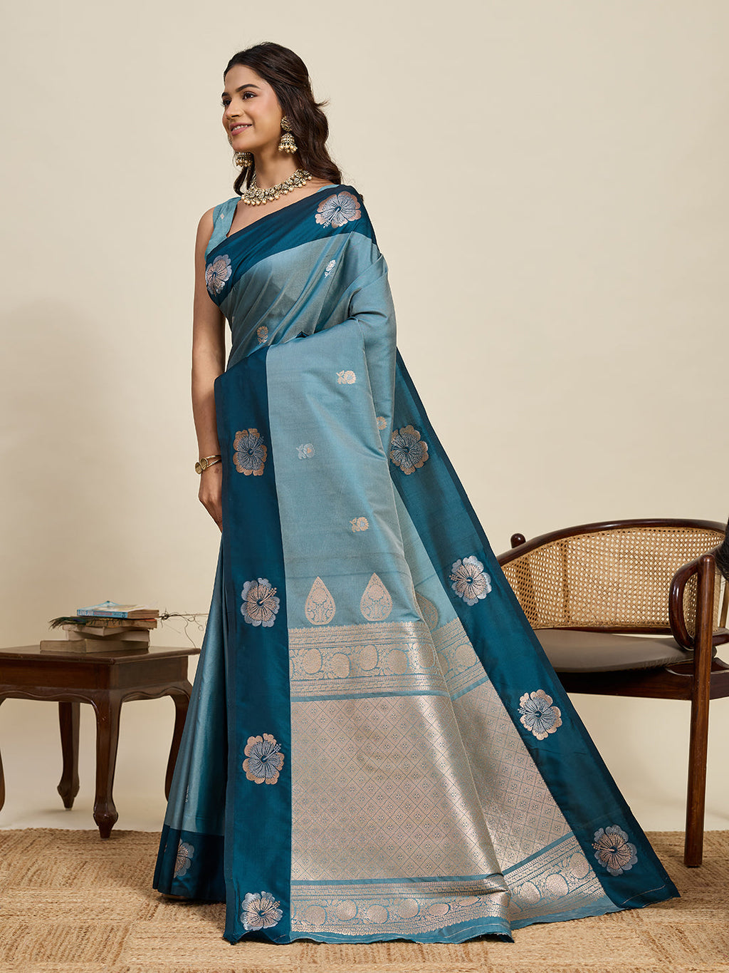 Vedant Vastram Soft Litchi Silk Banarasi Silk Jacquard Saree - Rama