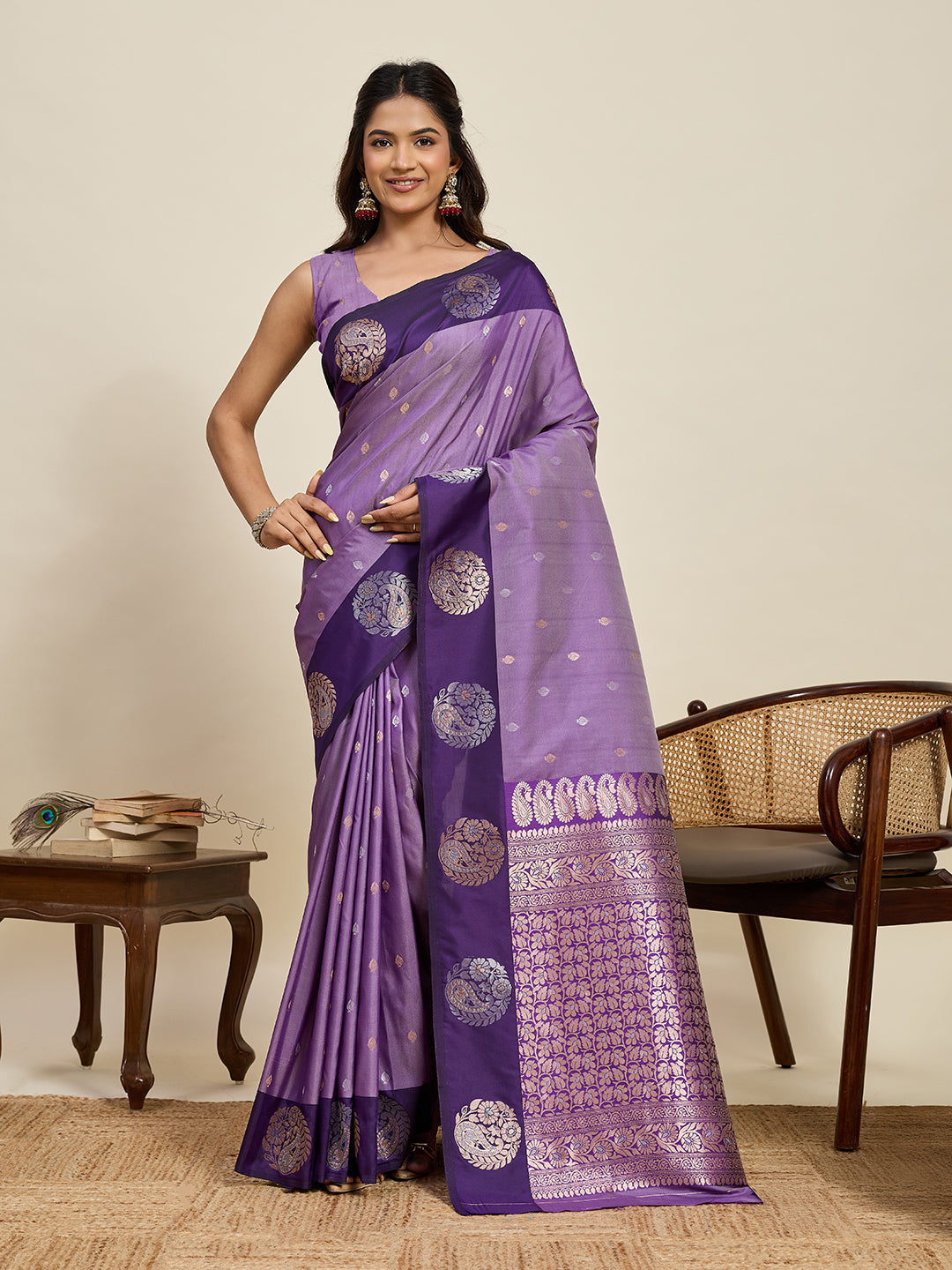 Vedant Vastram Soft Litchi Silk Banarasi Silk Jacquard Saree - Lavender
