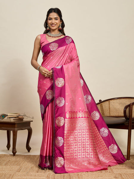 Vedant Vastram Soft Litchi Silk Banarasi Silk Jacquard Saree - Pink