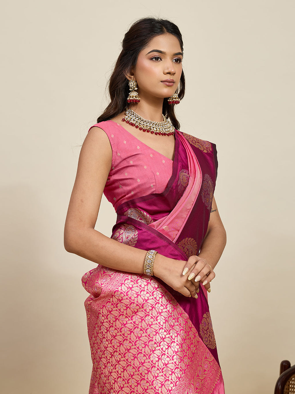 Vedant Vastram Soft Litchi Silk Banarasi Silk Jacquard Saree - Pink