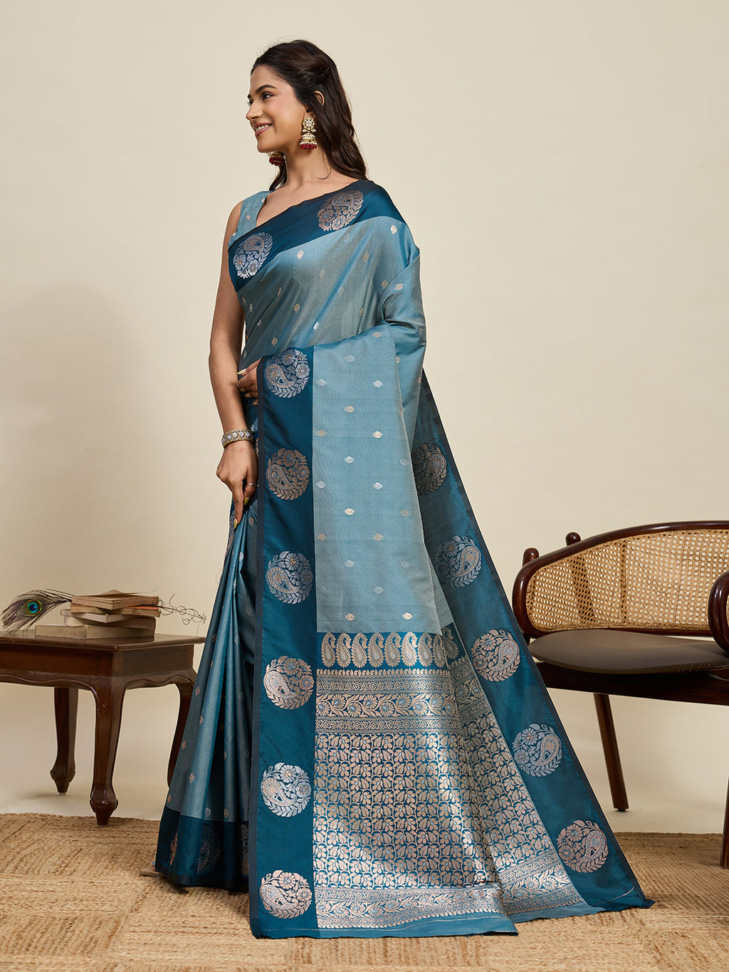 Vedant Vastram Soft Litchi Silk Banarasi Silk Jacquard Saree - Rama
