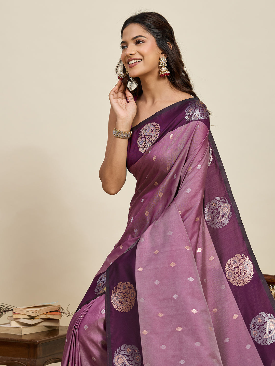 Vedant Vastram Soft Litchi Silk Banarasi Silk Jacquard Saree - Wine