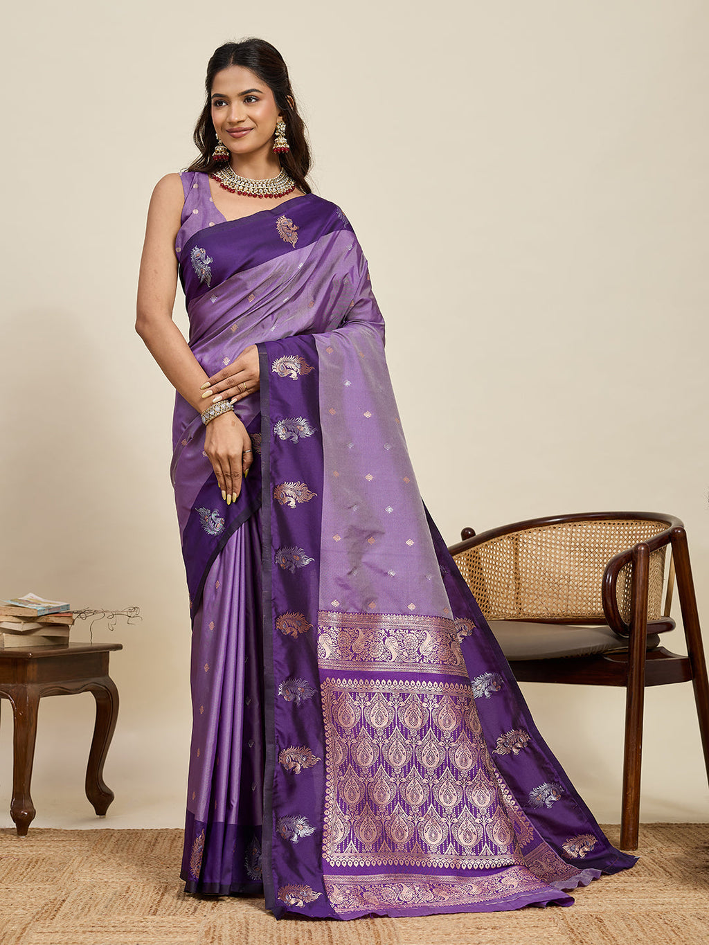 Vedant Vastram Soft Litchi Silk Banarasi Silk Jacquard Saree - Lavender