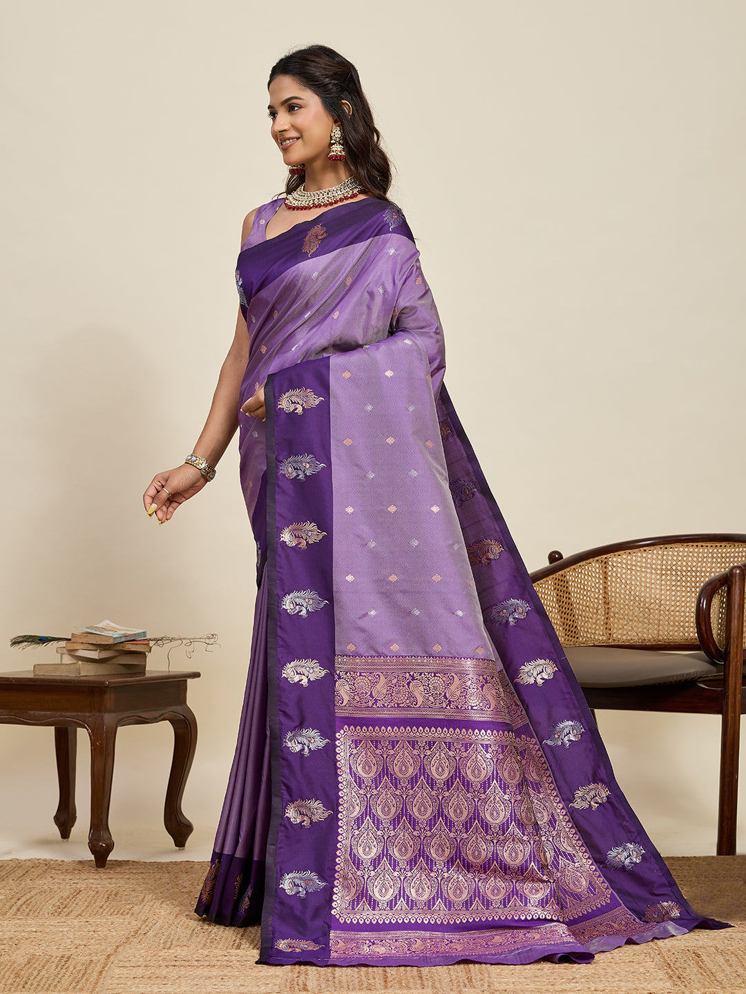 Vedant Vastram Soft Litchi Silk Banarasi Silk Jacquard Saree - Lavender