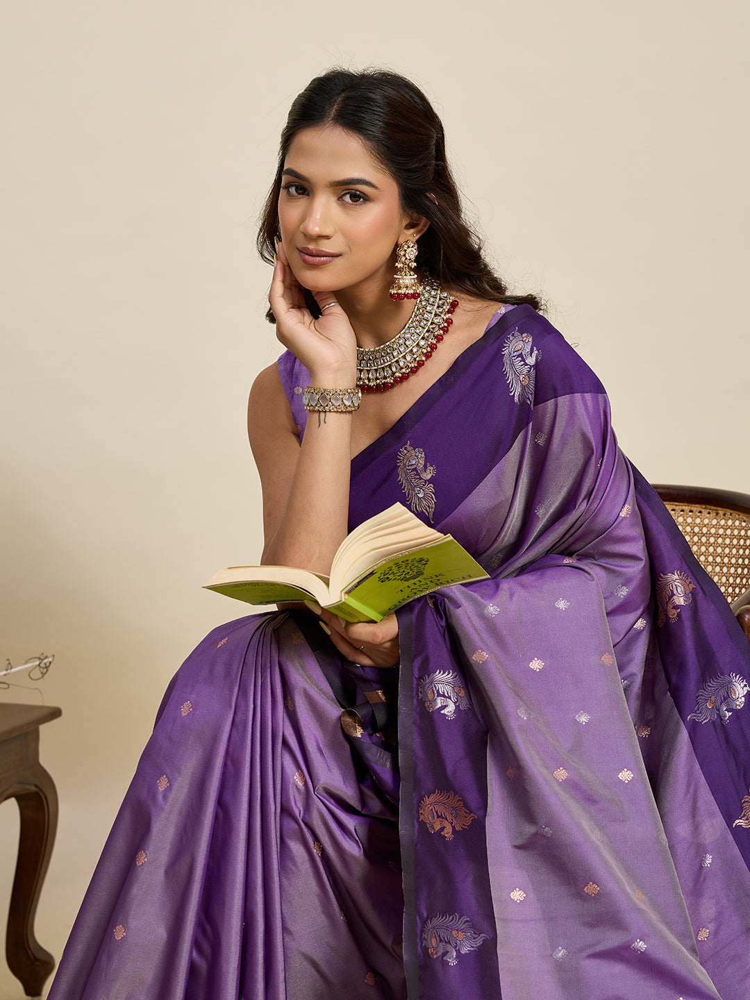 Vedant Vastram Soft Litchi Silk Banarasi Silk Jacquard Saree - Lavender