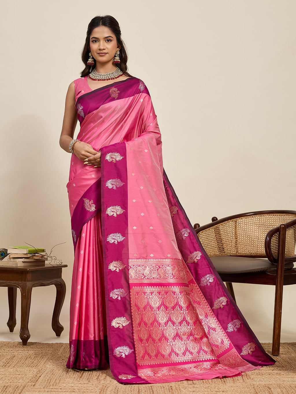 Vedant Vastram Soft Litchi Silk Banarasi Silk Jacquard Saree - Pink