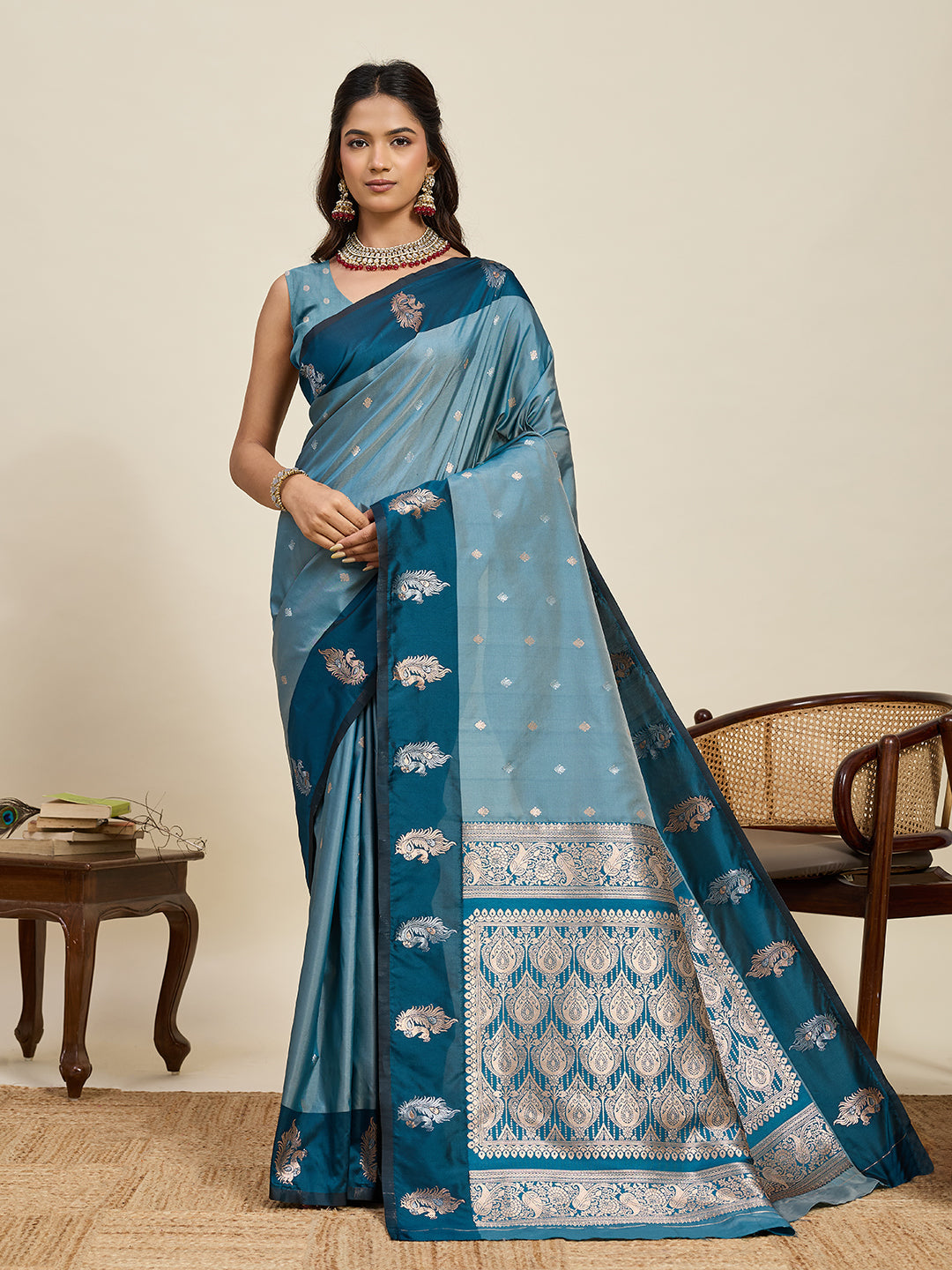 Vedant Vastram Soft Litchi Silk Banarasi Silk Jacquard Saree - Rama