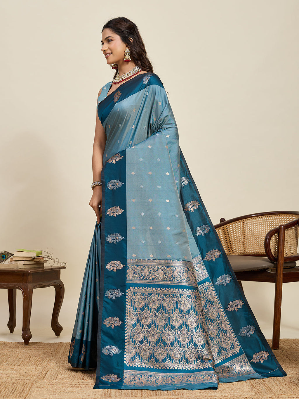 Vedant Vastram Soft Litchi Silk Banarasi Silk Jacquard Saree - Rama