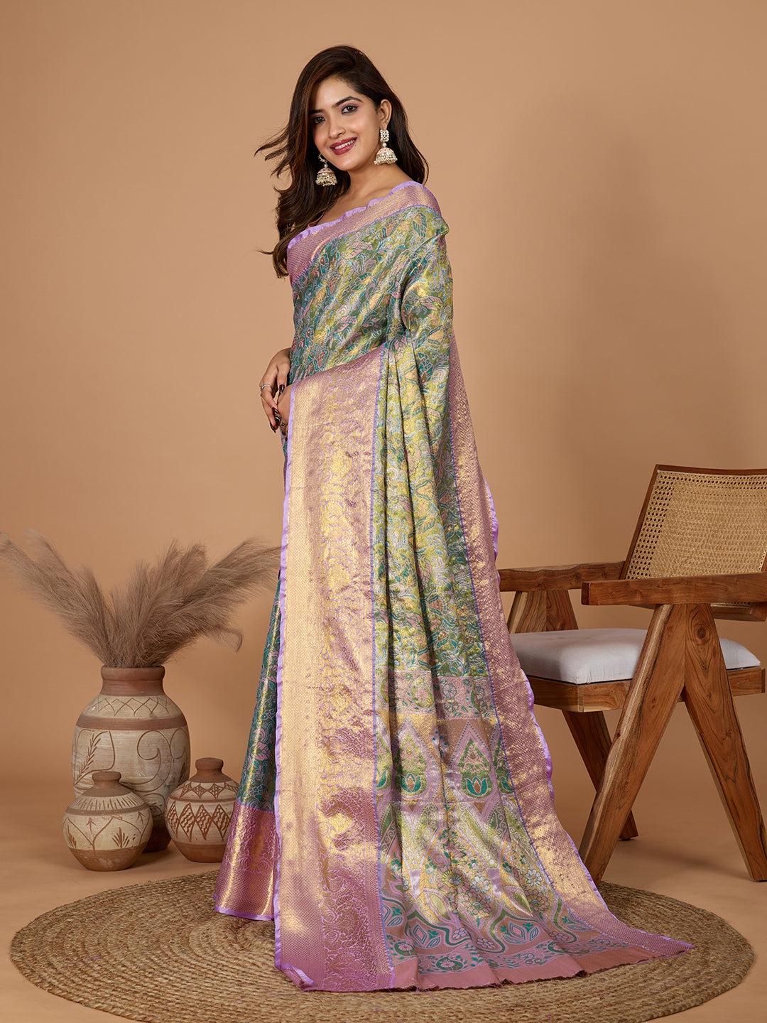 Vedant Vastram Soft Litchi Silk Kanjeevaram Silk Jacquard Saree - Rama
