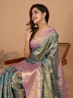 Vedant Vastram Soft Litchi Silk Kanjeevaram Silk Jacquard Saree - Rama