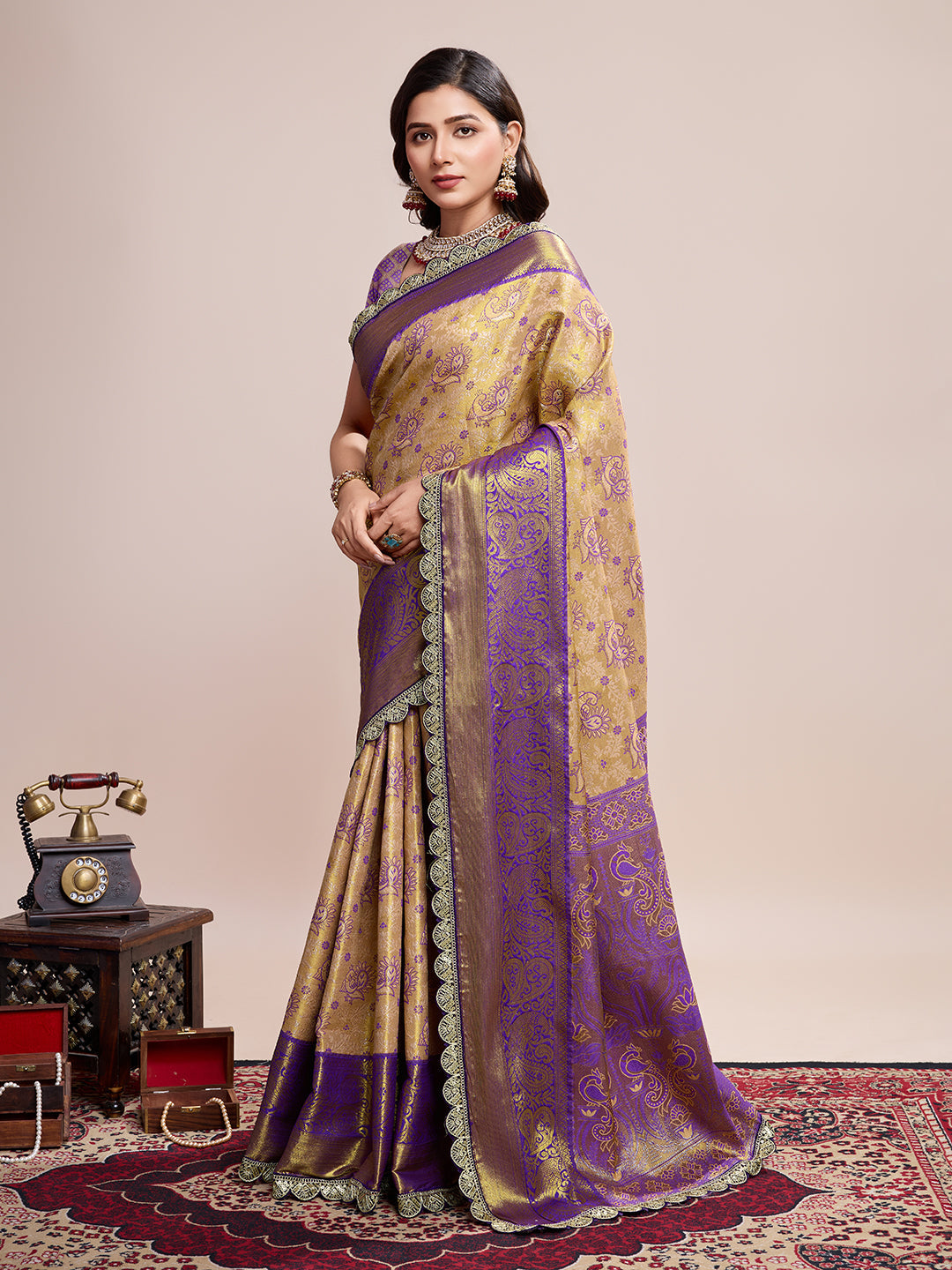 Vedant Vastram Soft Litchi Silk Kanjeevaram Silk Saree - Cream - Distacart