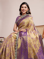 Vedant Vastram Soft Litchi Silk Kanjeevaram Silk Saree - Cream - Distacart