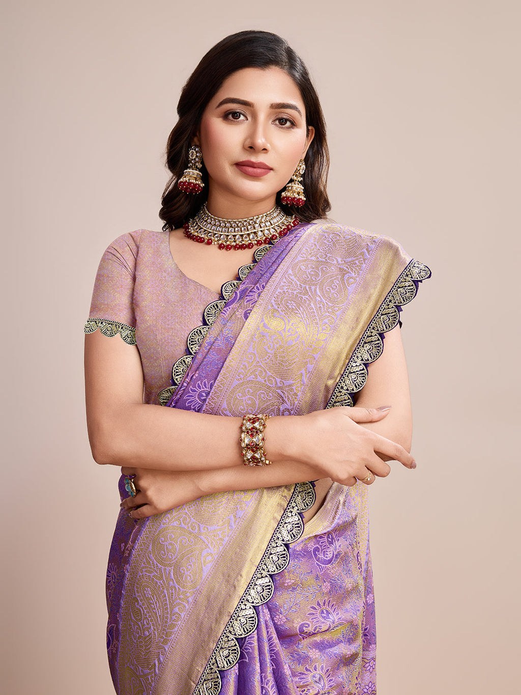Vedant Vastram Soft Litchi Silk Kanjeevaram Silk Saree - Lavender - Distacart