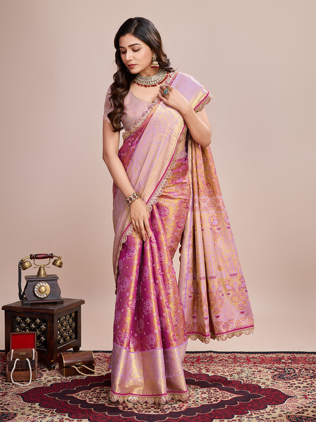 Vedant Vastram Soft Litchi Silk Kanjeevaram Silk Saree - Pink - Distacart