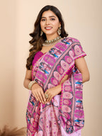 Vedant Vastram Maslin Cotton Digital Printed & Embroidered Work Saree - Baby Pink - Distacart