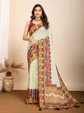 Vedant Vastram Maslin Cotton Digital Printed & Embroidered Work Saree - Beige - Distacart