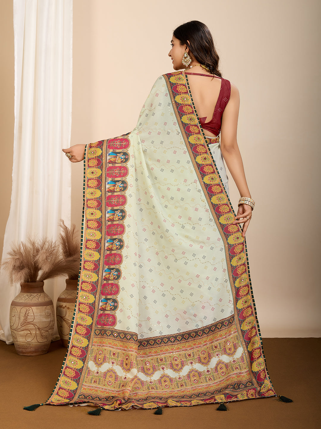 Vedant Vastram Maslin Cotton Digital Printed & Embroidered Work Saree - Beige - Distacart