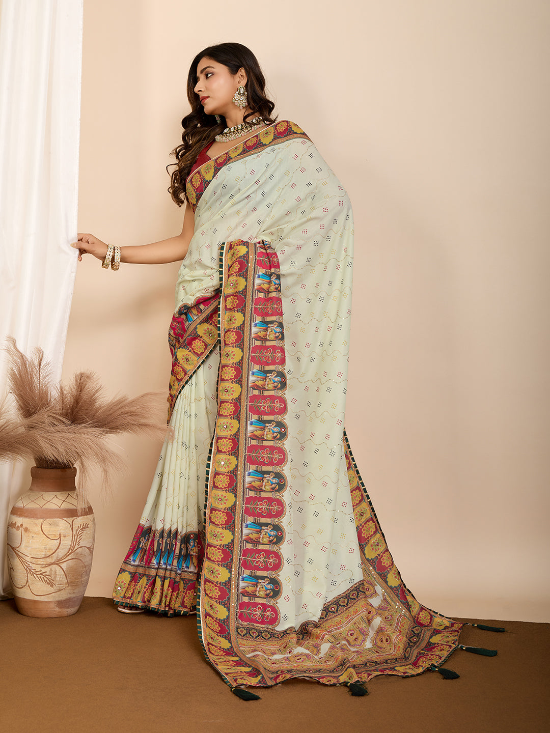 Vedant Vastram Maslin Cotton Digital Printed & Embroidered Work Saree - Beige - Distacart