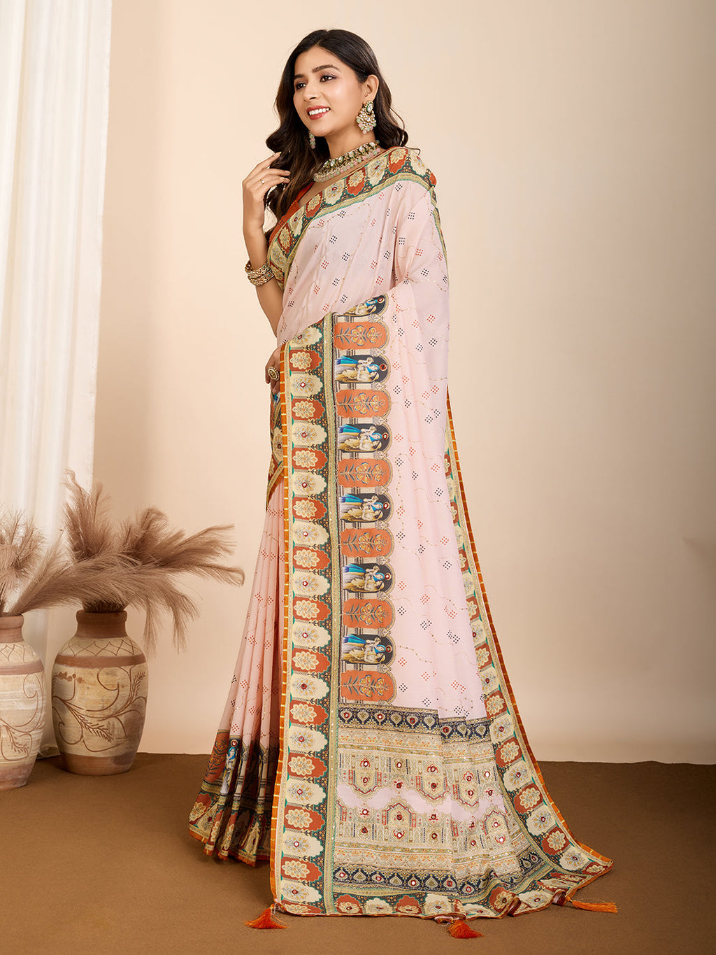 Vedant Vastram Maslin Cotton Digital Printed & Embroidered Work Saree - Orange - Distacart