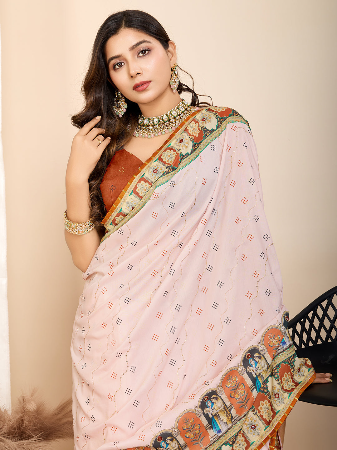 Vedant Vastram Maslin Cotton Digital Printed & Embroidered Work Saree - Orange - Distacart