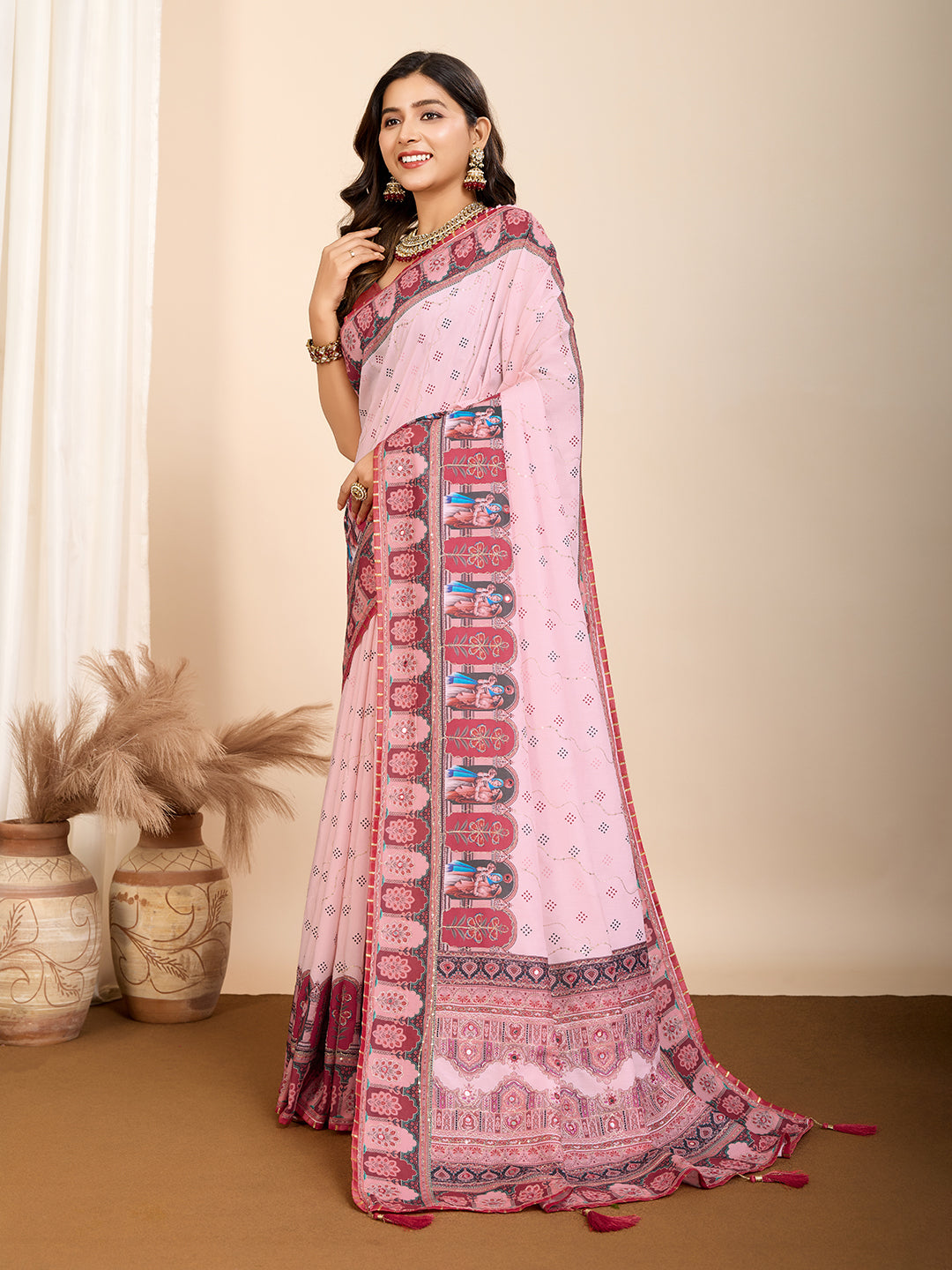 Vedant Vastram Maslin Cotton Digital Printed & Embroidered Work Saree - Pink - Distacart