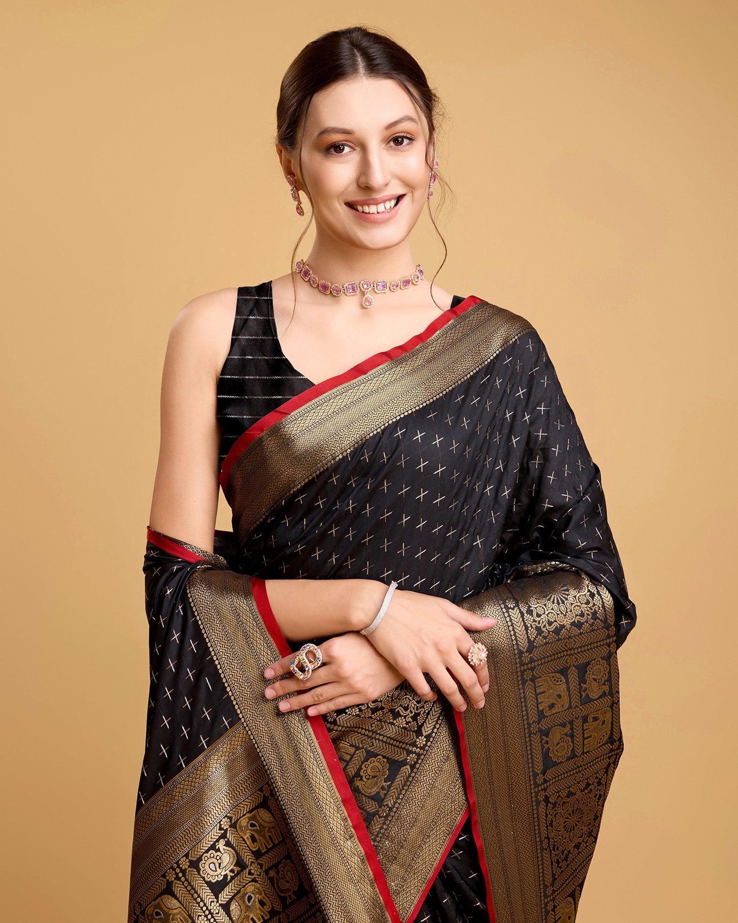 Vedant Vastram Soft Litchi Silk Banarasi Silk Saree - Black - Distacart