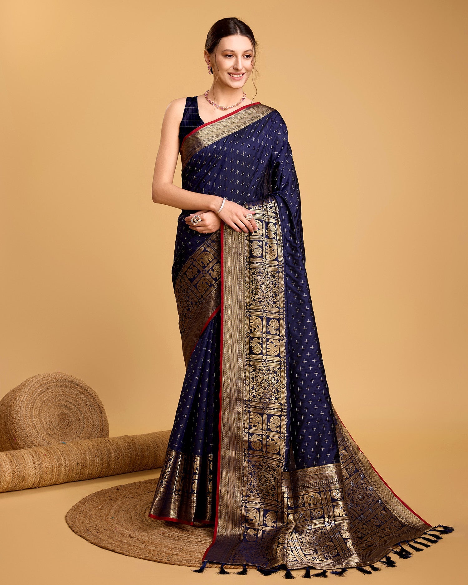 Vedant Vastram Soft Litchi Silk Banarasi Silk Saree - Navy - Distacart