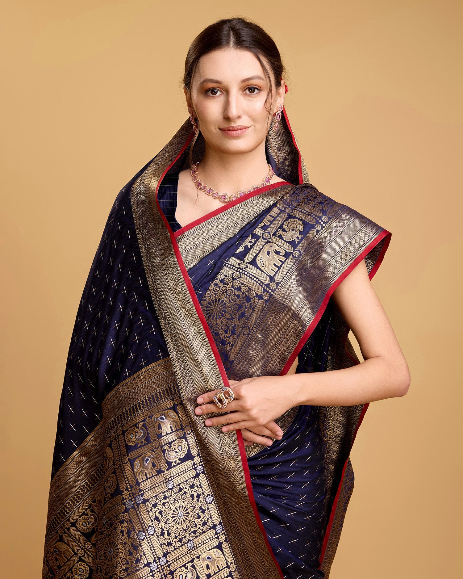 Vedant Vastram Soft Litchi Silk Banarasi Silk Saree - Navy - Distacart