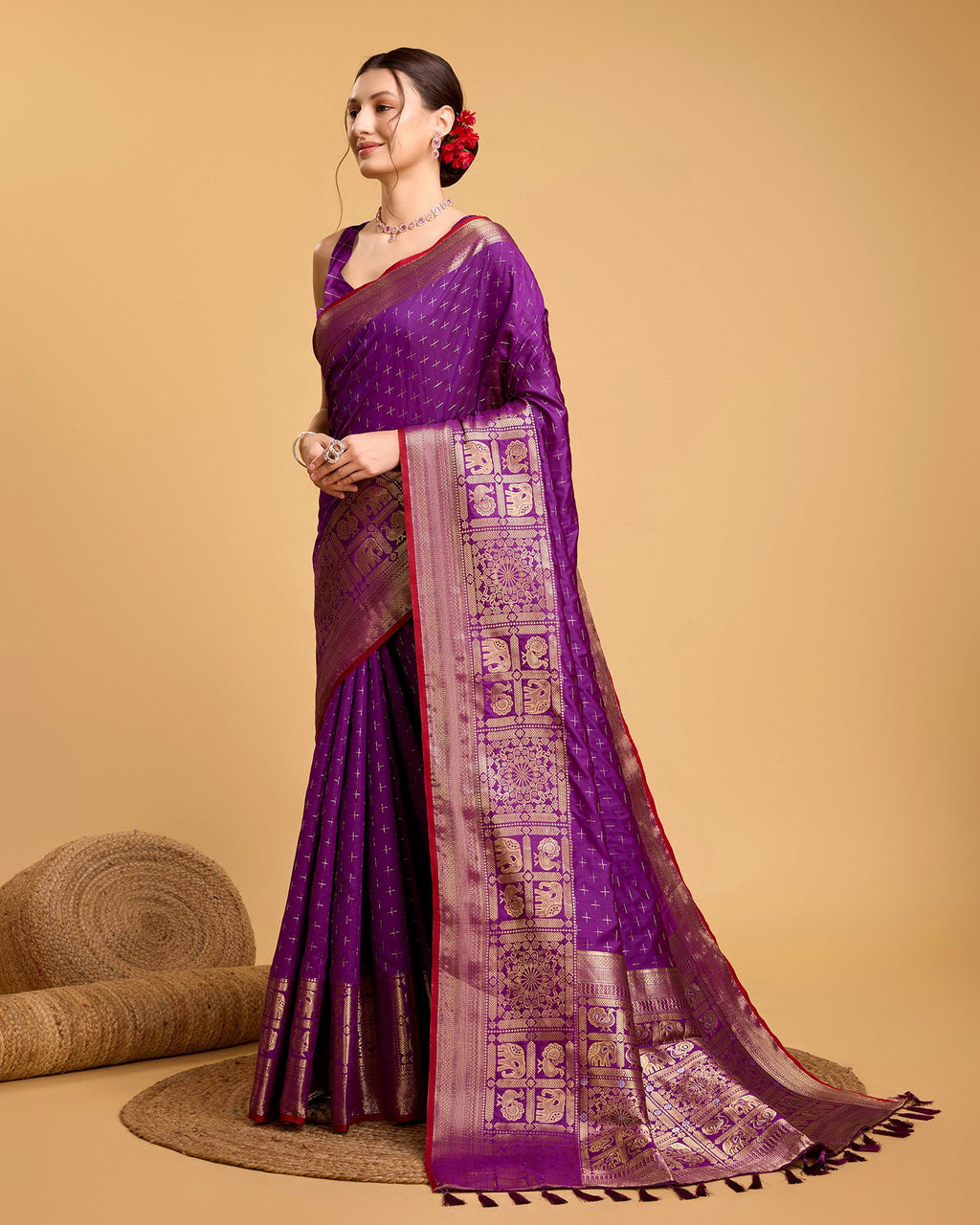 Vedant Vastram Soft Litchi Silk Banarasi Silk Saree - Purple - Distacart