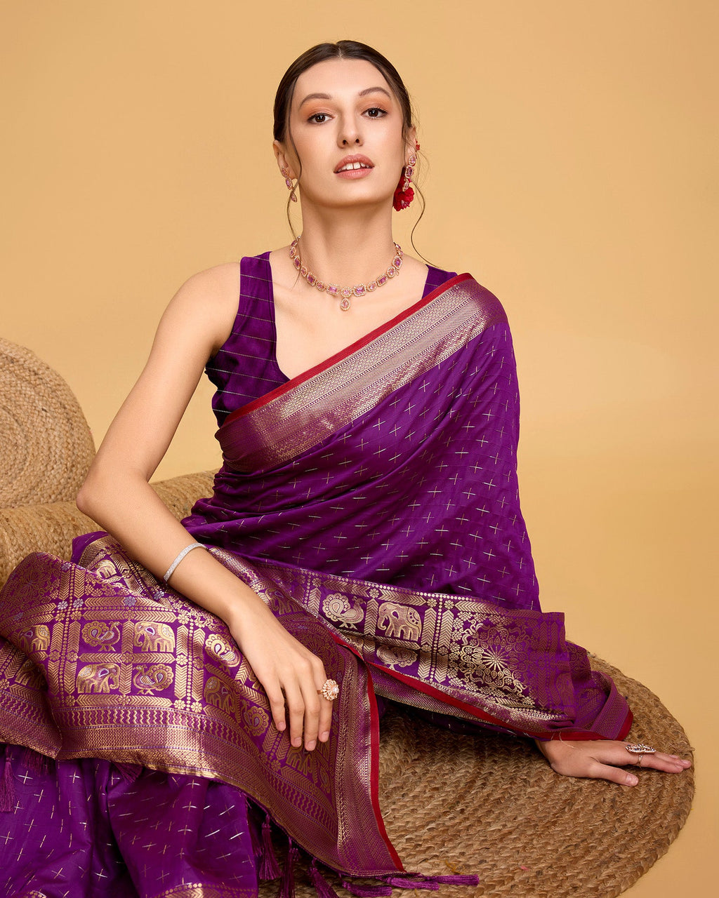 Vedant Vastram Soft Litchi Silk Banarasi Silk Saree - Purple - Distacart