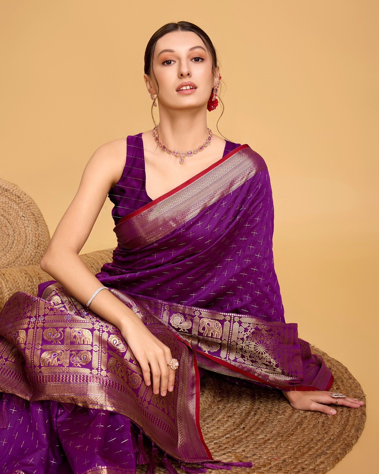 Vedant Vastram Soft Litchi Silk Banarasi Silk Saree - Purple - Distacart