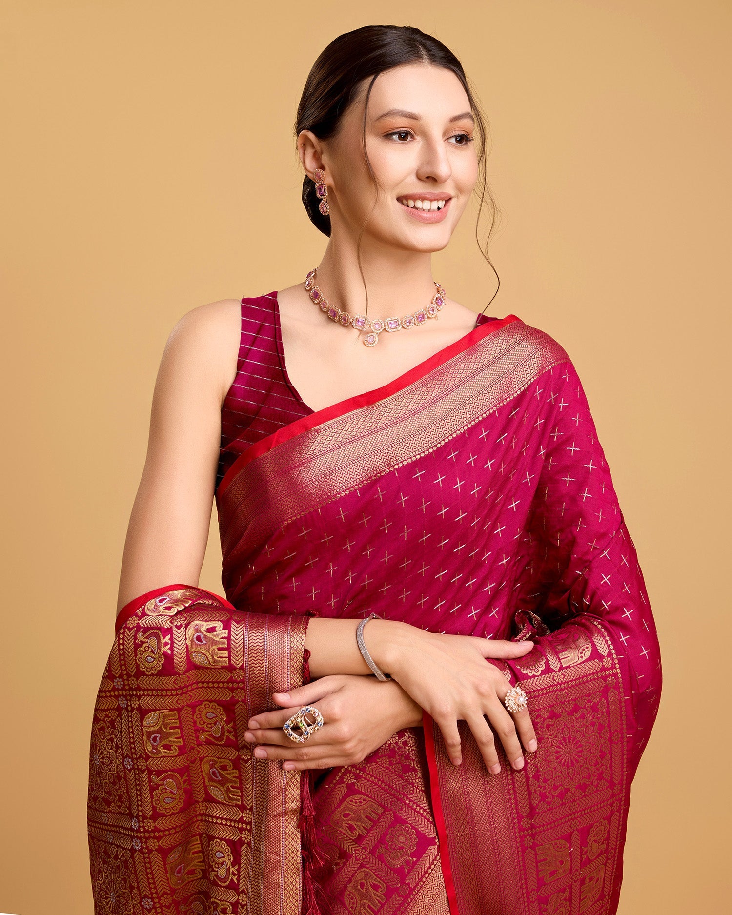 Vedant Vastram Soft Litchi Silk Banarasi Silk Saree - Rani - Distacart