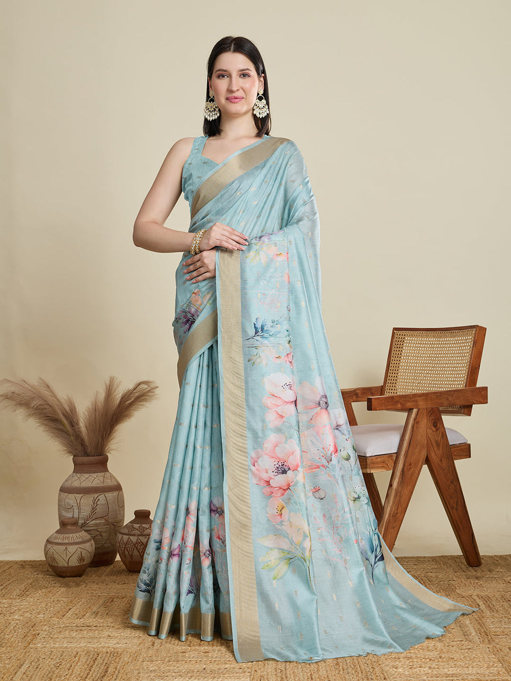 Vedant Vastram Cotton Silk Fancy Jacquard Bollywood Saree - Skyblue