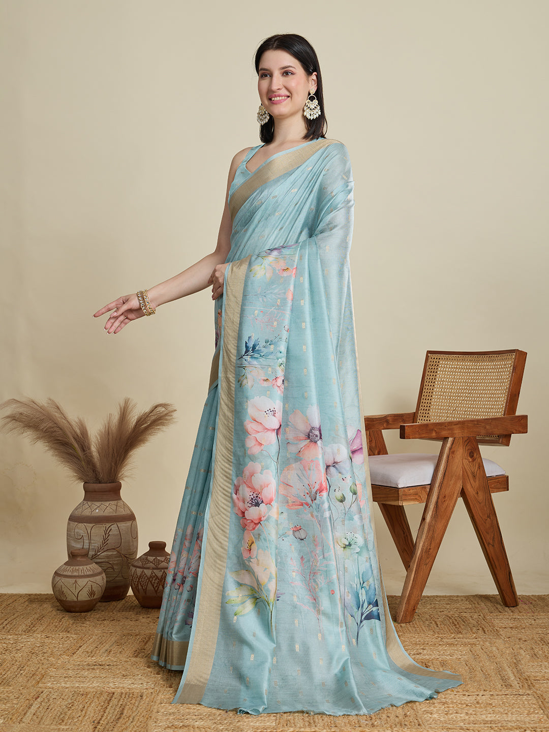 Vedant Vastram Cotton Silk Fancy Jacquard Bollywood Saree - Skyblue