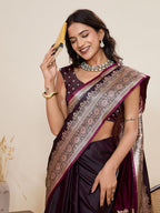 Vedant Vastram Soft Litchi Silk Banarasi Silk Jacquard Saree - Wine