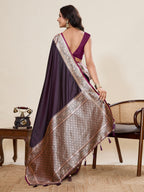 Vedant Vastram Soft Litchi Silk Banarasi Silk Jacquard Saree - Wine