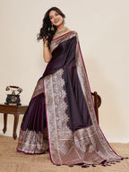 Vedant Vastram Soft Litchi Silk Banarasi Silk Jacquard Saree - Wine
