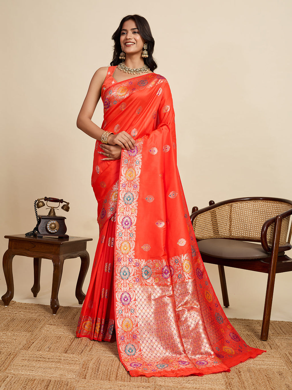 Vedant Vastram Soft Litchi Silk Banarasi Silk Jacquard Saree - Coral