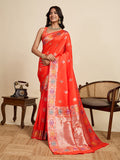 Vedant Vastram Soft Litchi Silk Banarasi Silk Jacquard Saree - Coral