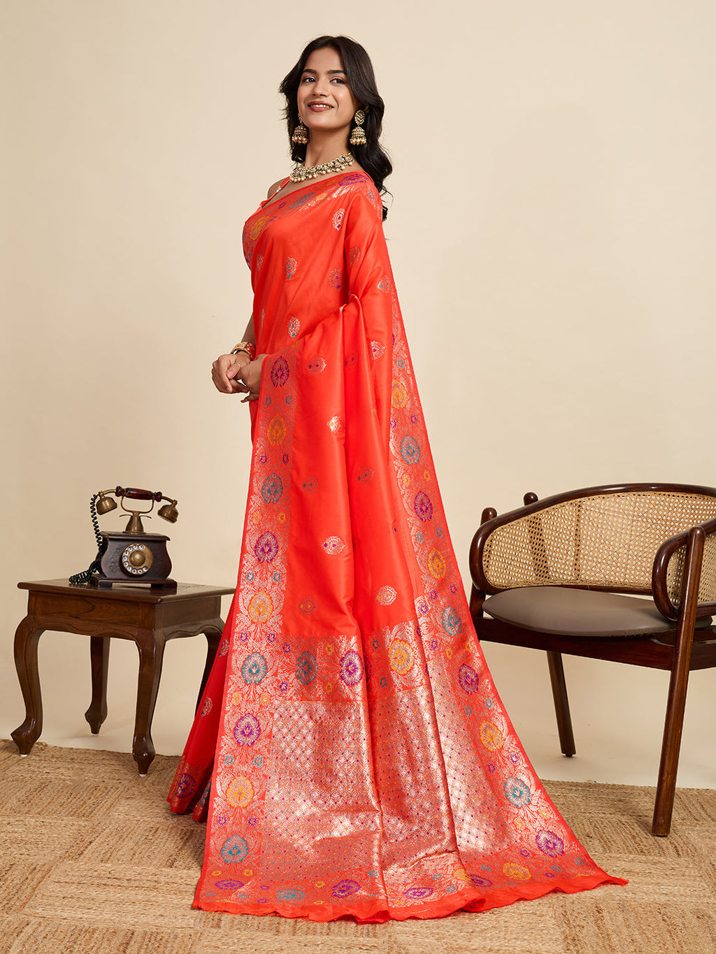 Vedant Vastram Soft Litchi Silk Banarasi Silk Jacquard Saree - Coral