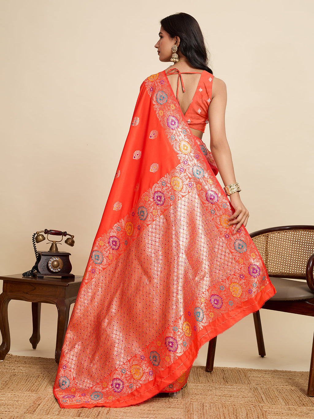 Vedant Vastram Soft Litchi Silk Banarasi Silk Jacquard Saree - Coral