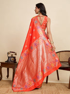 Vedant Vastram Soft Litchi Silk Banarasi Silk Jacquard Saree - Coral