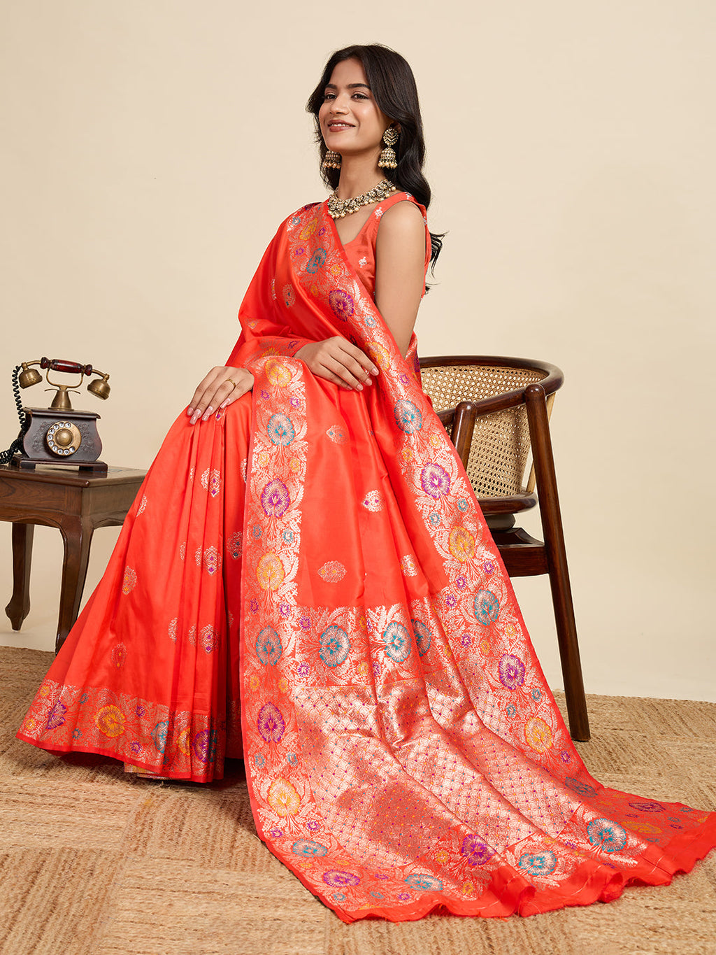 Vedant Vastram Soft Litchi Silk Banarasi Silk Jacquard Saree - Coral