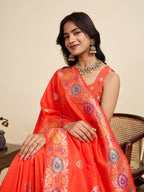 Vedant Vastram Soft Litchi Silk Banarasi Silk Jacquard Saree - Coral