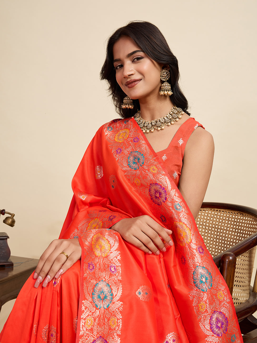 Vedant Vastram Soft Litchi Silk Banarasi Silk Jacquard Saree - Coral