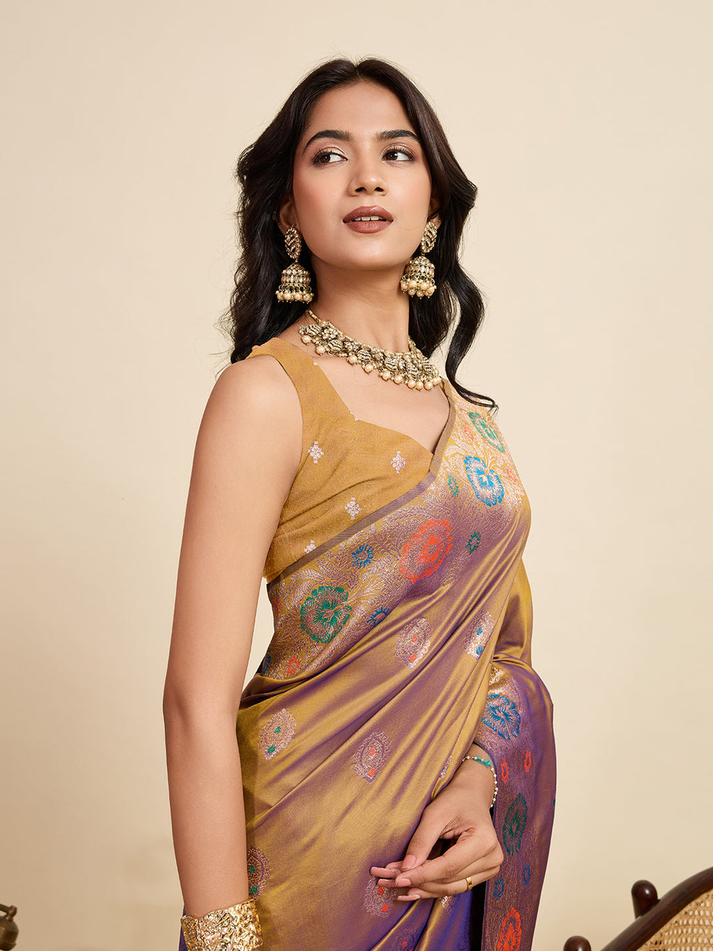 Vedant Vastram Soft Litchi Silk Banarasi Silk Jacquard Saree - Gold