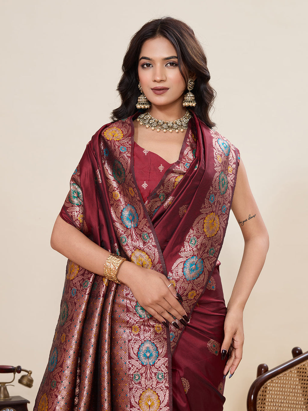 Vedant Vastram Soft Litchi Silk Banarasi Silk Jacquard Saree - Maroon