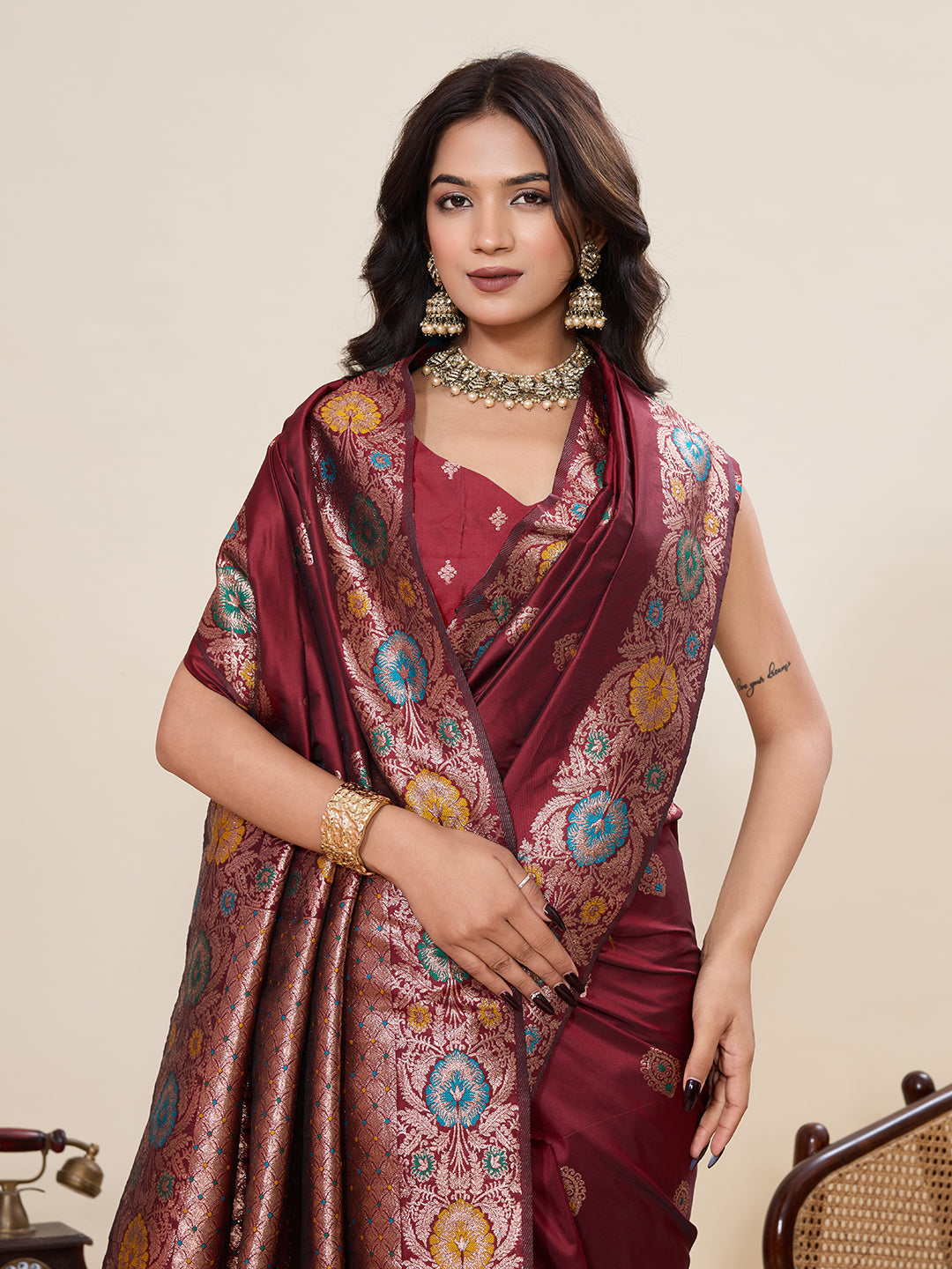 Vedant Vastram Soft Litchi Silk Banarasi Silk Jacquard Saree - Maroon